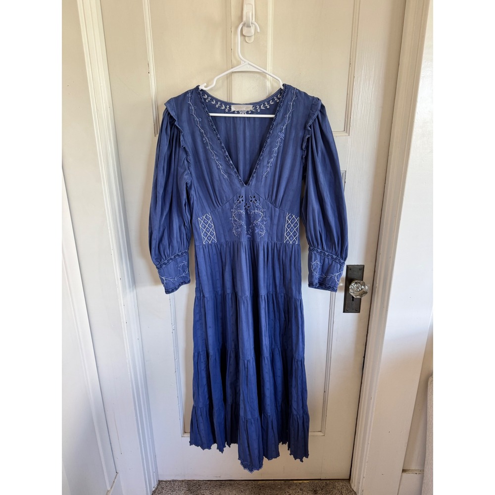 LoveShackFancy blue floral star embroidered long sleeve dress